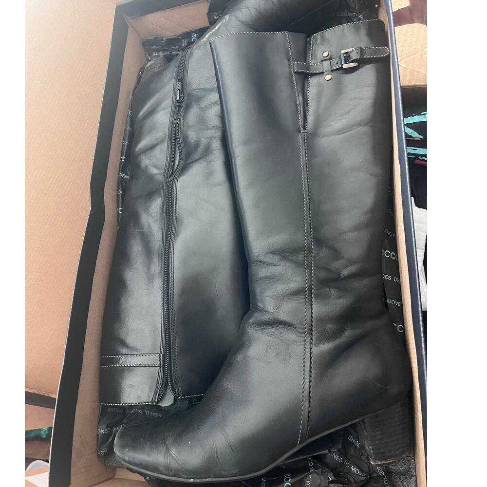 ECCO City Bremen Tall Boot Black Leather Block Heel Zip Closure EU40 US 9-9.5